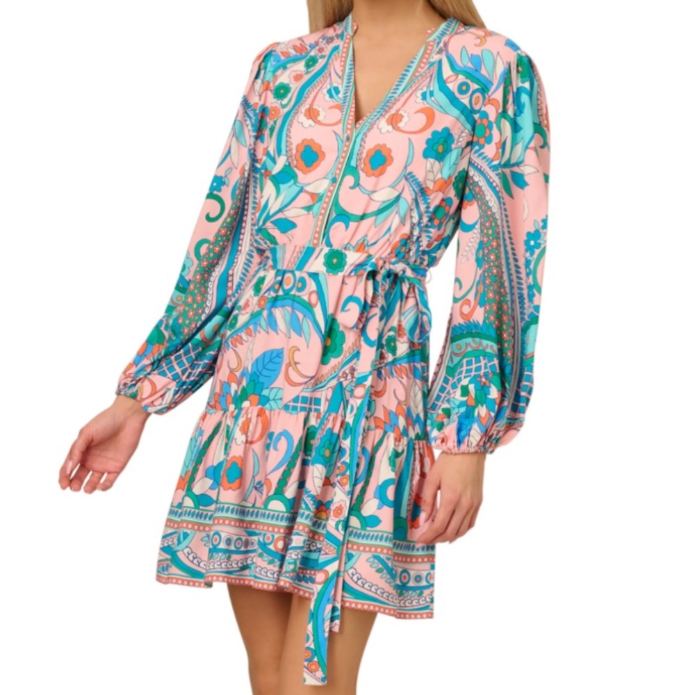 NWT Adrianna Papell Print Tie Waist Long Sleeve Dress